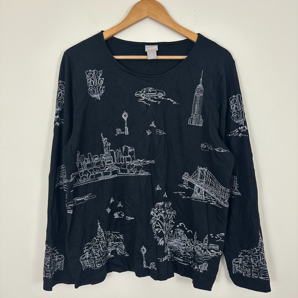 Chico's Blouse Black New York Statue Of Liberty Line Art Embroidered Womens XL
